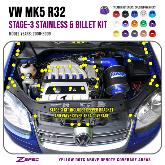 ZSPEC Stage-3 Dress Up Bolts® Fastener Kit for '06-09 VW Golf R32 MK5, Stainless & Billet - Howling Moto