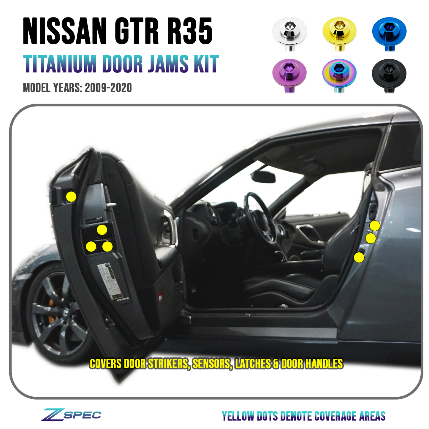 ZSPEC Door Jams Area Dress Up Bolts® Fastener Kit for '09-23 Nissan GTR (R35), Titanium - Howling Moto