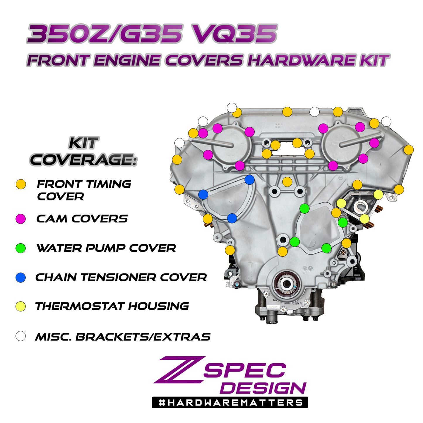 ZSPEC VQ35DE Front-Engine Covers Fastener Kit, CAM/Water Pump/Tensioner, Stainless & Billet - Howling Moto