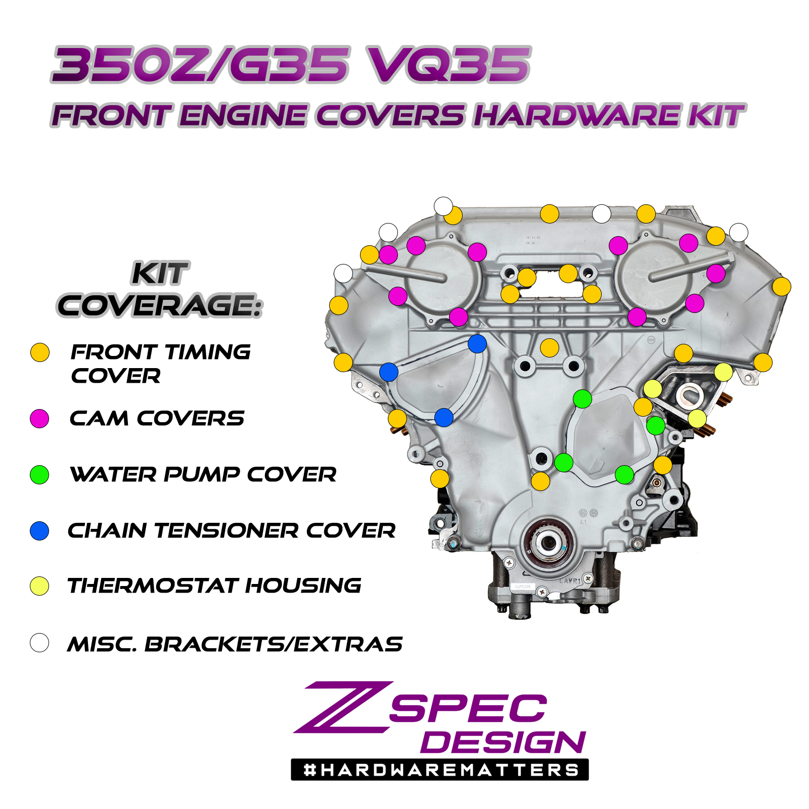 ZSPEC VQ35DE Front-Engine Covers Fastener Kit, CAM/Water Pump/Tensioner, Stainless & Billet - Howling Moto