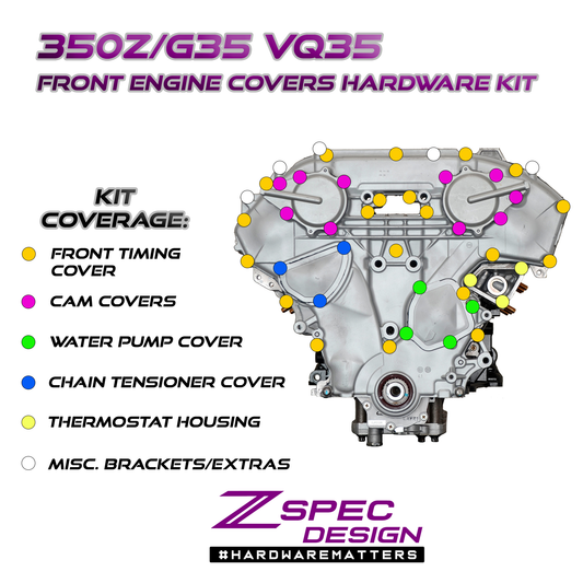 ZSPEC VQ35DE Front-Engine Covers Fastener Kit, CAM/Water Pump/Tensioner, Stainless & Billet - Howling Moto