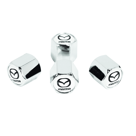 Chrome Valve Stem Tire Caps, Style: MAZDA on White Background - Howling Moto