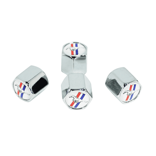 Chrome Valve Stem Tire Caps, Style: Mustang, White Background - Howling Moto