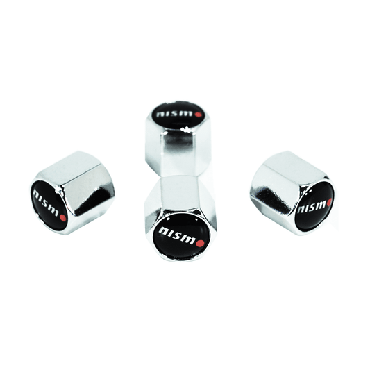Chrome Valve Stem Tire Caps, Style: NISMO, Black Background - Howling Moto