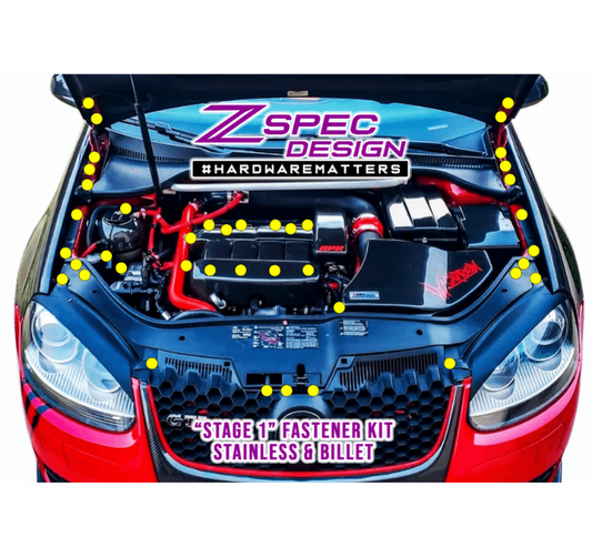 ZSPEC Stage-1 Dress Up Bolts® Fastener Kit for '05-10 VW Golf MK5, Stainless & Billet - Howling Moto