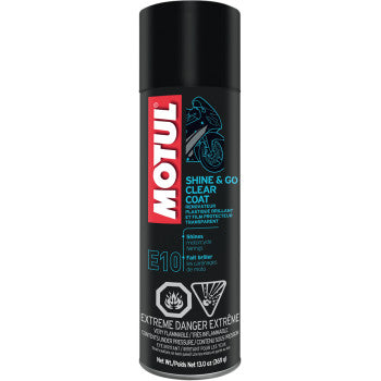Motul Shine & Go plastic and paint detailer spray for cleaning and shining vehicle surfaces, in a Motul detailing supplies image.