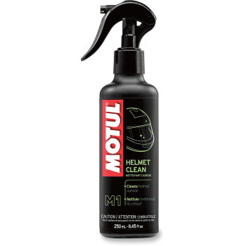 Motul Helmet Cleaner bottle, designed for cleaning motorcycle helmets with a clear label and spray nozzle.